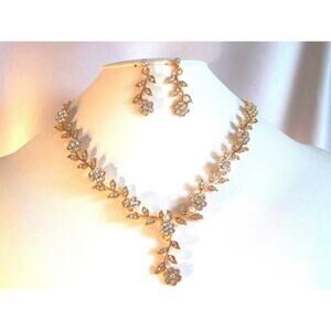 Gold flower vine rhinestone necklace, bridal MOB prom party evening necklace